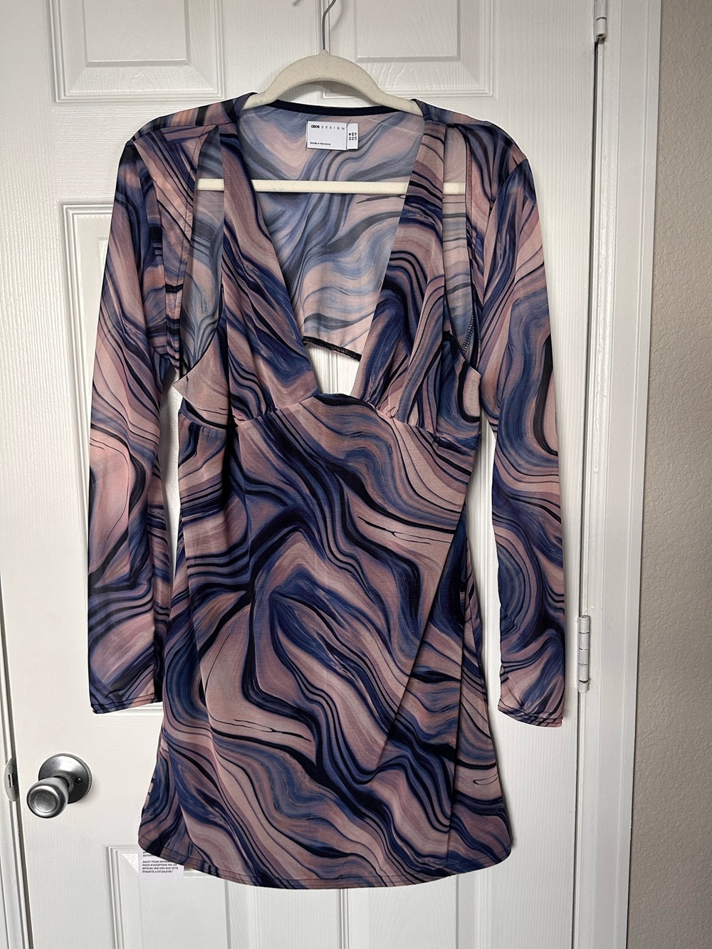 ASOS Pink & Navy Long-Sleeve Marble Print Mini Dress